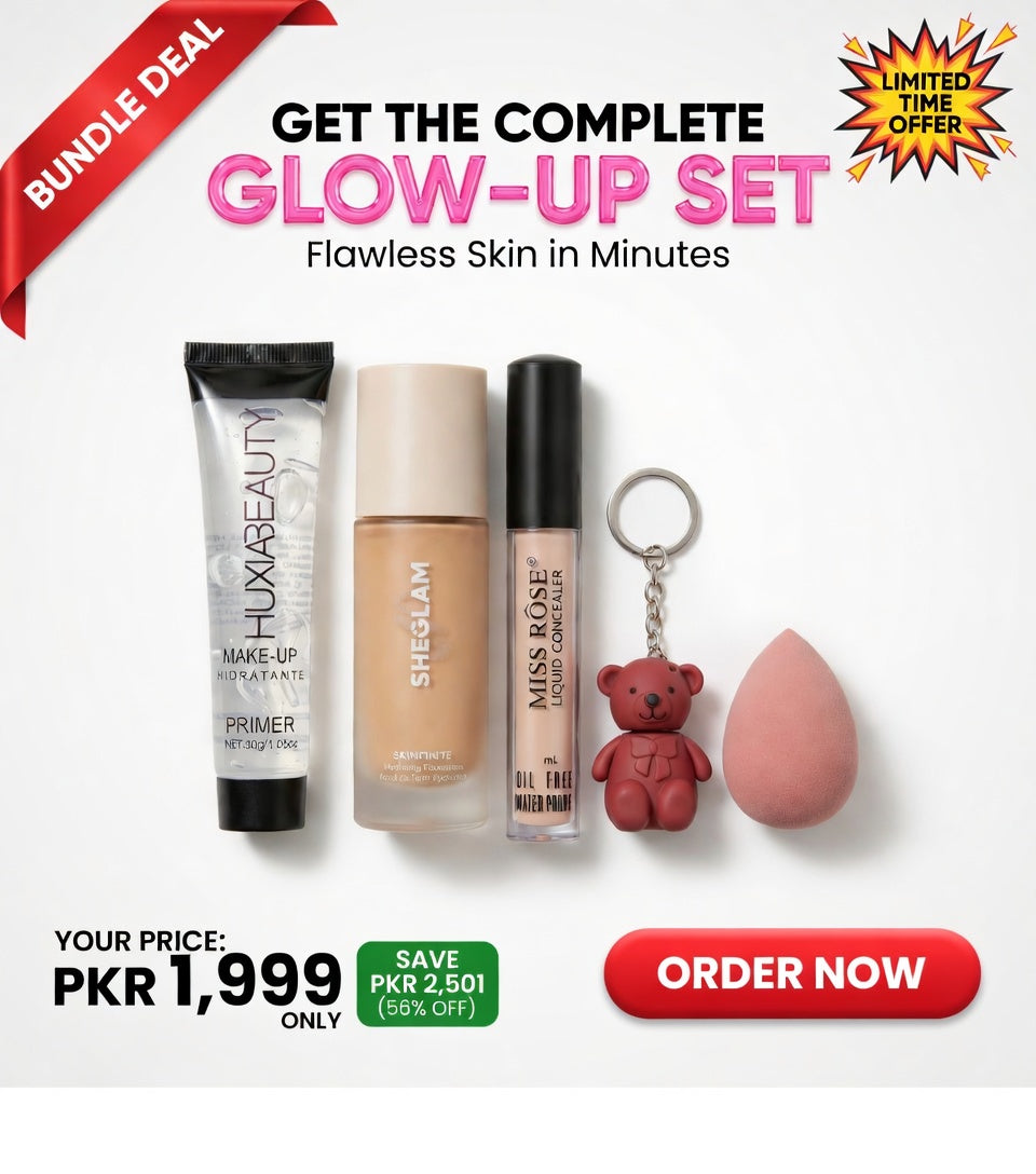Sheglam Foundation, HuxiaBeauty Primer,Missrose concealer, Bear Lip gloss, Beauty Sponge
